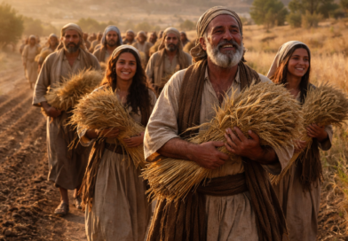Returning Israelites carrying sheaves toward Jerusalem, symbolizing Psalm 126 restoration and joy after sowing in tears.