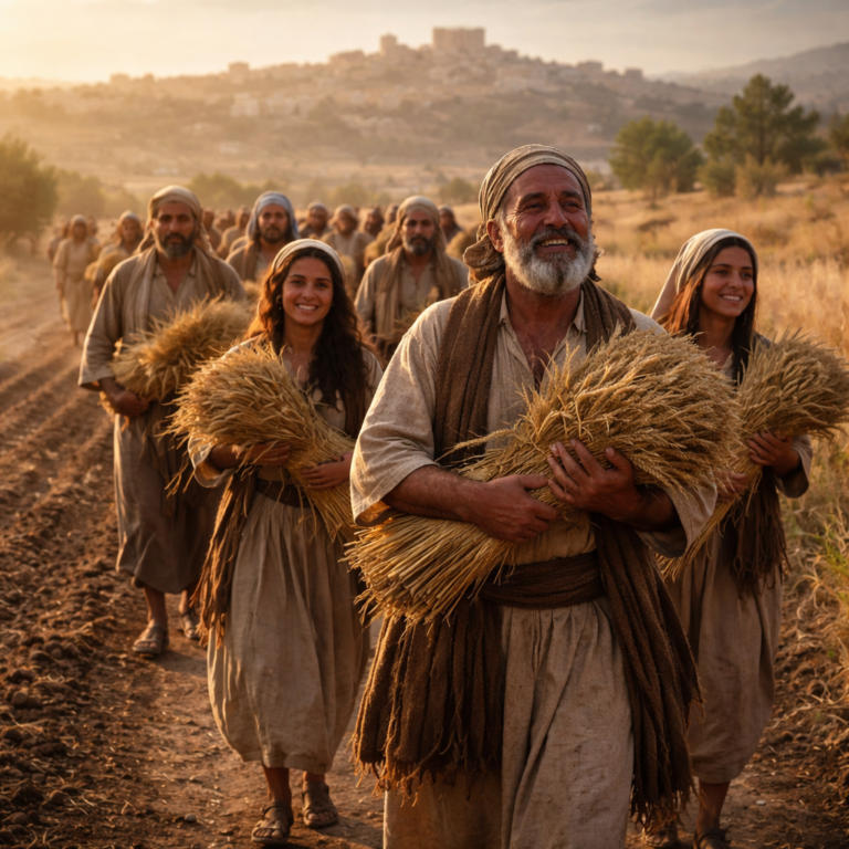 Returning Israelites carrying sheaves toward Jerusalem, symbolizing Psalm 126 restoration and joy after sowing in tears.