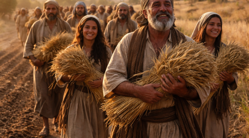Returning Israelites carrying sheaves toward Jerusalem, symbolizing Psalm 126 restoration and joy after sowing in tears.
