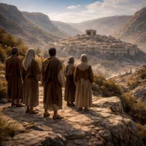 Psalm 125 — Unmoved Like Mount Zion - Holy Bible | Evangelium Of Grace Faithful Israelites standing on firm rock with ancient Jerusalem surrounded by mountains, reflecting Psalm 125 trust in the LORD and lasting stability.