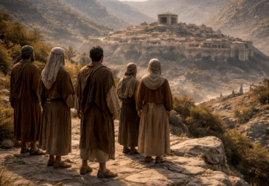Faithful Israelites standing on firm rock with ancient Jerusalem surrounded by mountains, reflecting Psalm 125 trust in the LORD and lasting stability.