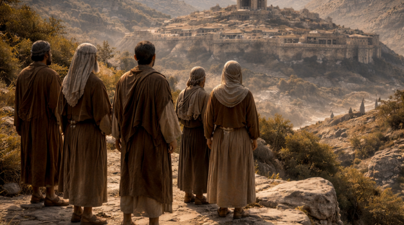 Faithful Israelites standing on firm rock with ancient Jerusalem surrounded by mountains, reflecting Psalm 125 trust in the LORD and lasting stability.