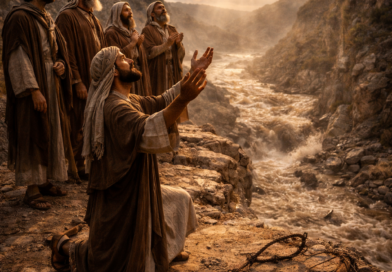 Biblical-era pilgrims standing safe above a ravine after floodwaters, with a broken snare nearby, reflecting Psalm 124 deliverance by the LORD.