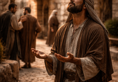 Humble biblical-era servant looking upward in a stone courtyard while others show contempt, reflecting Psalm 123’s plea for mercy under scorn.