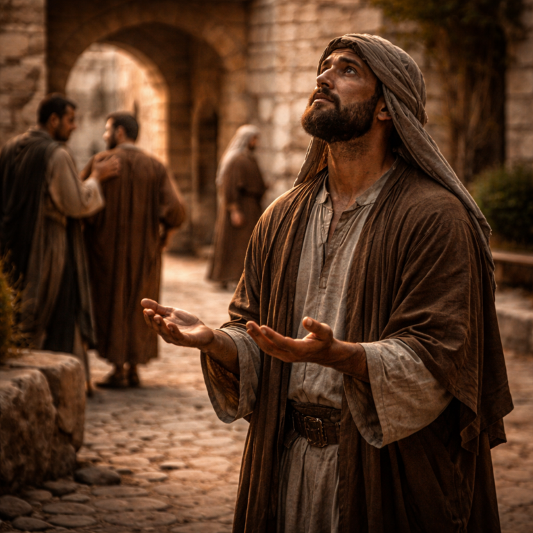 Humble biblical-era servant looking upward in a stone courtyard while others show contempt, reflecting Psalm 123’s plea for mercy under scorn.