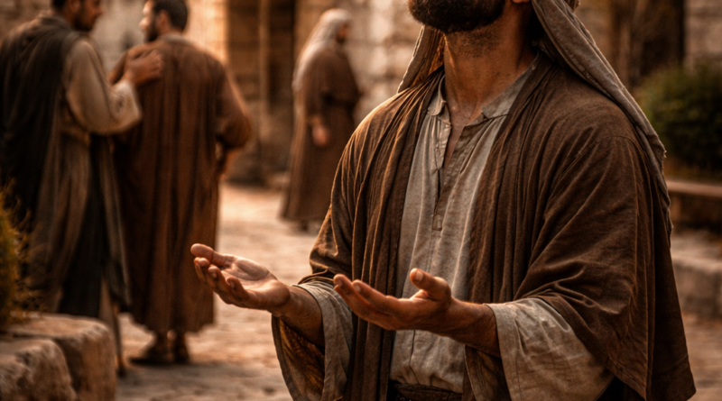Humble biblical-era servant looking upward in a stone courtyard while others show contempt, reflecting Psalm 123’s plea for mercy under scorn.