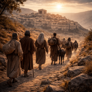 Psalm 122 — Joyful Ascent to Jerusalem - Holy Bible | Evangelium Of Grace Biblical-era pilgrims approaching ancient Jerusalem at dawn in unity, reflecting Psalm 122 joy in worship and prayer for the city’s peace.