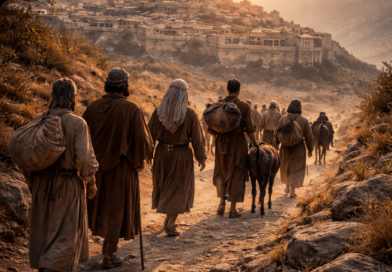 Biblical-era pilgrims approaching ancient Jerusalem at dawn in unity, reflecting Psalm 122 joy in worship and prayer for the city’s peace.