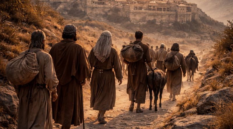 Biblical-era pilgrims approaching ancient Jerusalem at dawn in unity, reflecting Psalm 122 joy in worship and prayer for the city’s peace.