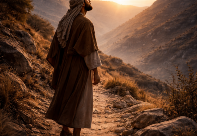 Biblical-era traveler looking beyond the hills toward the sky at dawn, reflecting Psalm 121 trust in the LORD who keeps and protects.