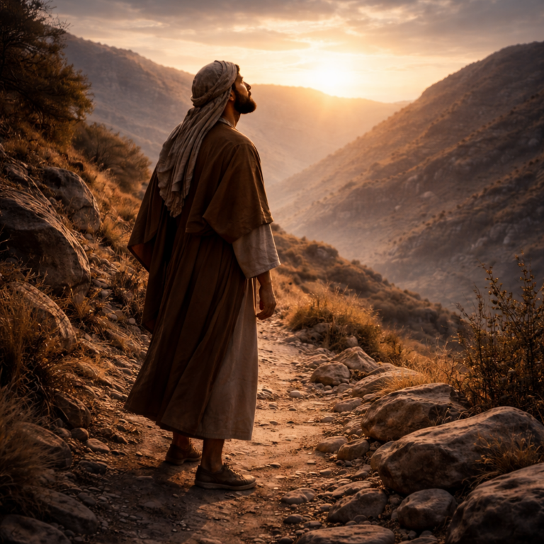 Biblical-era traveler looking beyond the hills toward the sky at dawn, reflecting Psalm 121 trust in the LORD who keeps and protects.
