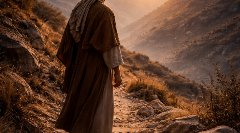 Biblical-era traveler looking beyond the hills toward the sky at dawn, reflecting Psalm 121 trust in the LORD who keeps and protects.