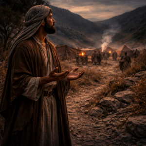 Biblical-era traveler praying at twilight near a tense settlement, reflecting Psalm 120’s cry for deliverance from lying lips and hostility.