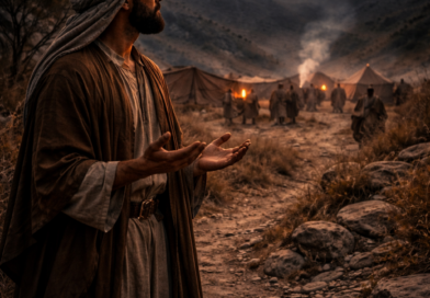 Biblical-era traveler praying at twilight near a tense settlement, reflecting Psalm 120’s cry for deliverance from lying lips and hostility.