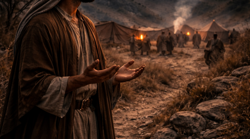 Biblical-era traveler praying at twilight near a tense settlement, reflecting Psalm 120’s cry for deliverance from lying lips and hostility.