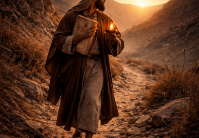 Faithful believer walking a narrow biblical-era path holding a scroll and lamp, symbolizing Psalm 119 devotion to God’s Word through trials.