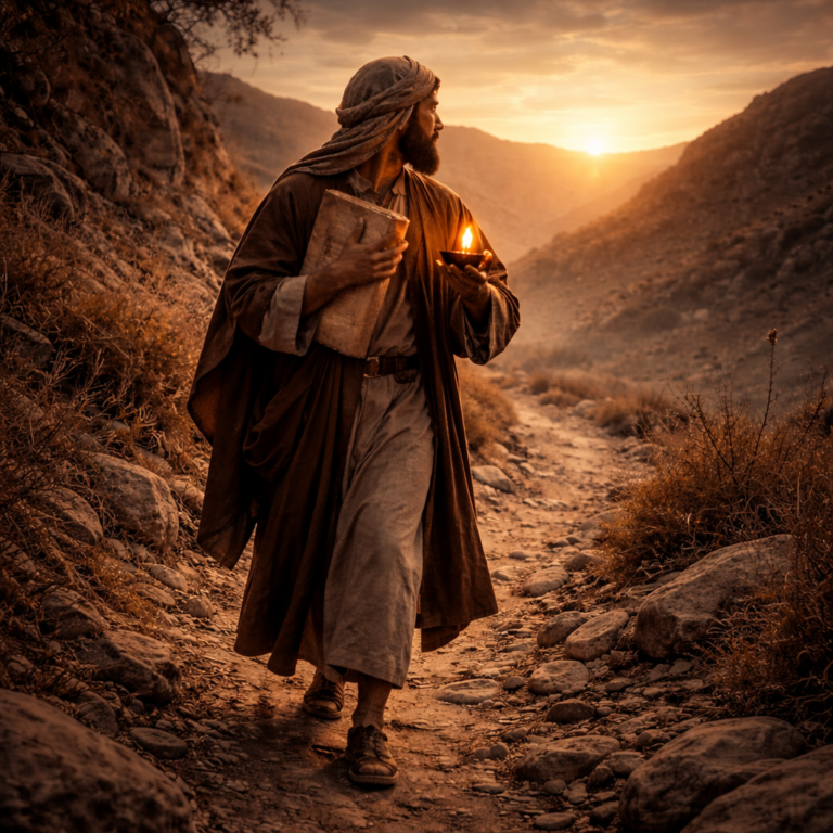 Faithful believer walking a narrow biblical-era path holding a scroll and lamp, symbolizing Psalm 119 devotion to God’s Word through trials.
