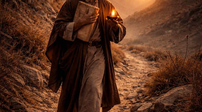 Faithful believer walking a narrow biblical-era path holding a scroll and lamp, symbolizing Psalm 119 devotion to God’s Word through trials.