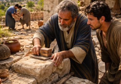 Biblical-era rooftop courtyard scene of wise building and helping the fallen, reflecting Proverbs 24 on endurance and wisdom