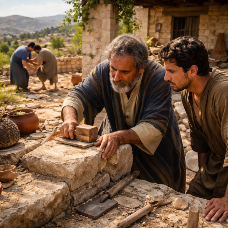 Biblical-era rooftop courtyard scene of wise building and helping the fallen, reflecting Proverbs 24 on endurance and wisdom
