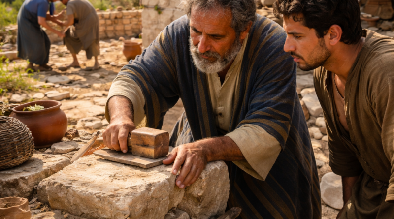 Biblical-era rooftop courtyard scene of wise building and helping the fallen, reflecting Proverbs 24 on endurance and wisdom