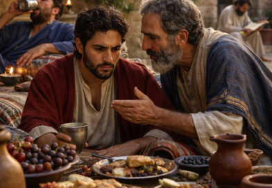 Biblical-era meal scene with a father warning a son, reflecting Proverbs 23 on self-control, correction, and the fear of the Lord