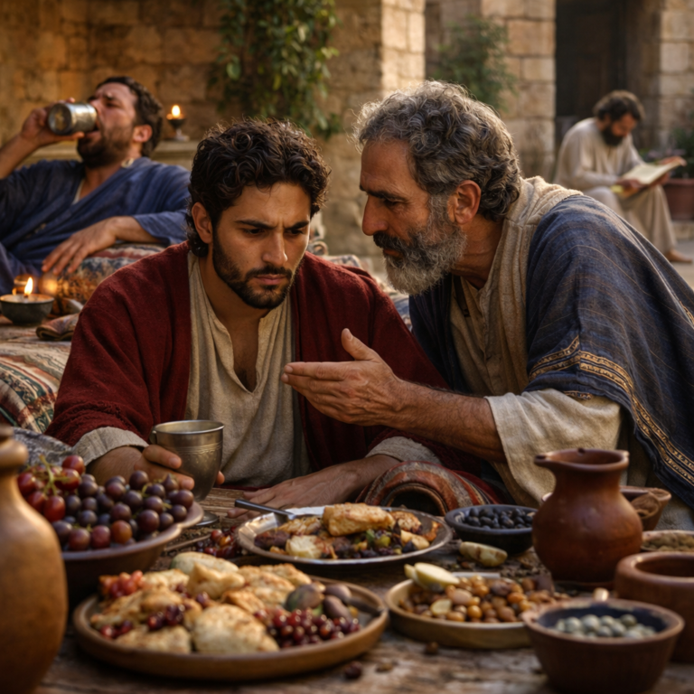 Biblical-era meal scene with a father warning a son, reflecting Proverbs 23 on self-control, correction, and the fear of the Lord