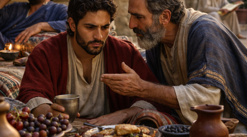 Biblical-era meal scene with a father warning a son, reflecting Proverbs 23 on self-control, correction, and the fear of the Lord