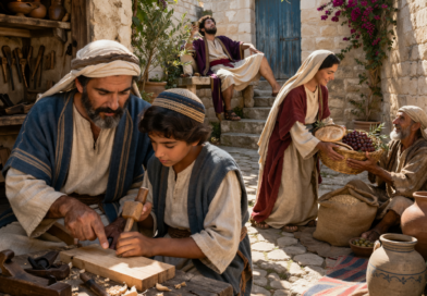Biblical-era courtyard scene of a father teaching a son, reflecting Proverbs 22 on wisdom, humility, and a good name