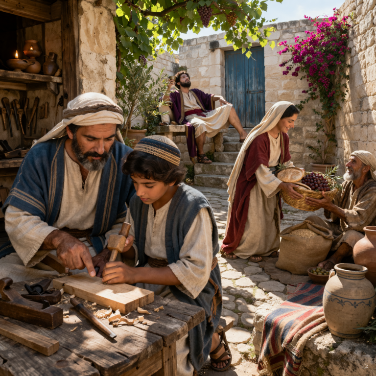 Biblical-era courtyard scene of a father teaching a son, reflecting Proverbs 22 on wisdom, humility, and a good name