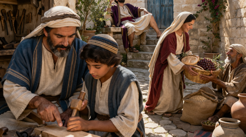 Biblical-era courtyard scene of a father teaching a son, reflecting Proverbs 22 on wisdom, humility, and a good name