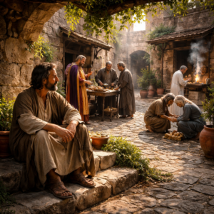 Biblical-era courtyard scene showing justice, humility, mercy, and true righteousness in the spirit of Proverbs 21