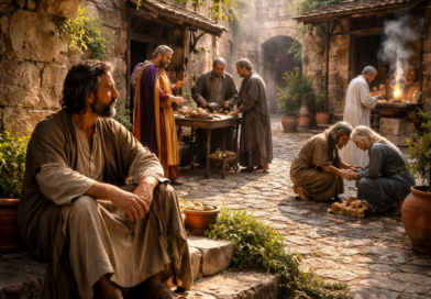 Biblical-era courtyard scene showing justice, humility, mercy, and true righteousness in the spirit of Proverbs 21