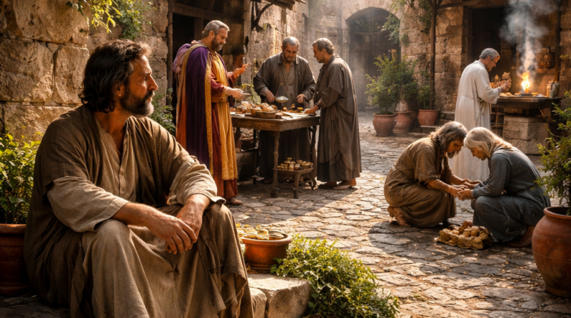 Biblical-era courtyard scene showing justice, humility, mercy, and true righteousness in the spirit of Proverbs 21