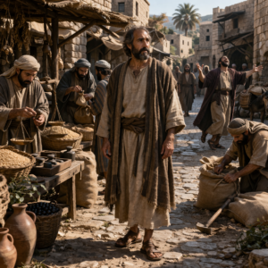 Biblical-era marketplace scene showing honesty, diligence, and discernment in the spirit of Proverbs 20