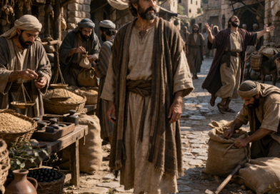 Biblical-era marketplace scene showing honesty, diligence, and discernment in the spirit of Proverbs 20