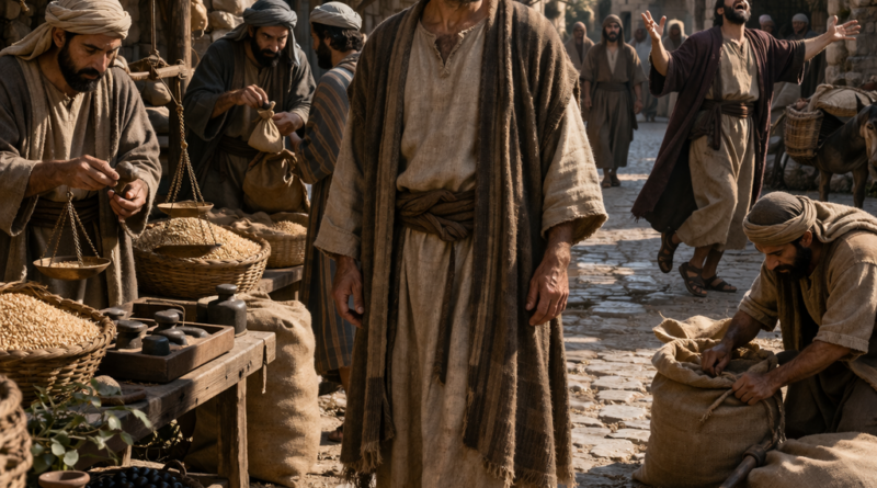 Biblical-era marketplace scene showing honesty, diligence, and discernment in the spirit of Proverbs 20