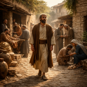 Biblical-era village scene showing integrity, correction, compassion, and social contrast in the spirit of Proverbs 19