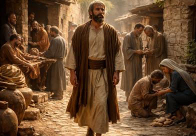 Biblical-era village scene showing integrity, correction, compassion, and social contrast in the spirit of Proverbs 19