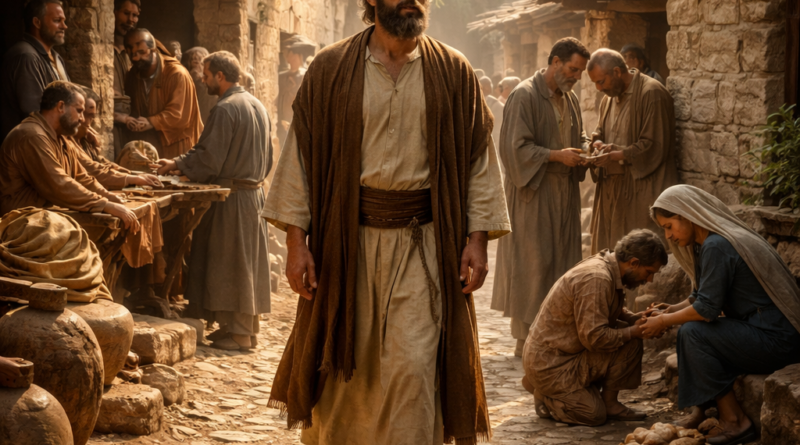 Biblical-era village scene showing integrity, correction, compassion, and social contrast in the spirit of Proverbs 19