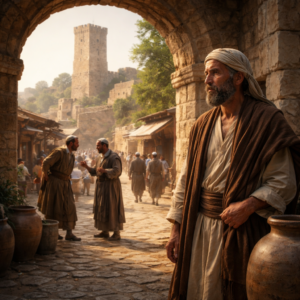 Biblical-era man choosing wisdom and restraint near a city gate, reflecting the message of Proverbs 18 about words, pride, and refuge in the Lord