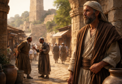Biblical-era man choosing wisdom and restraint near a city gate, reflecting the message of Proverbs 18 about words, pride, and refuge in the Lord
