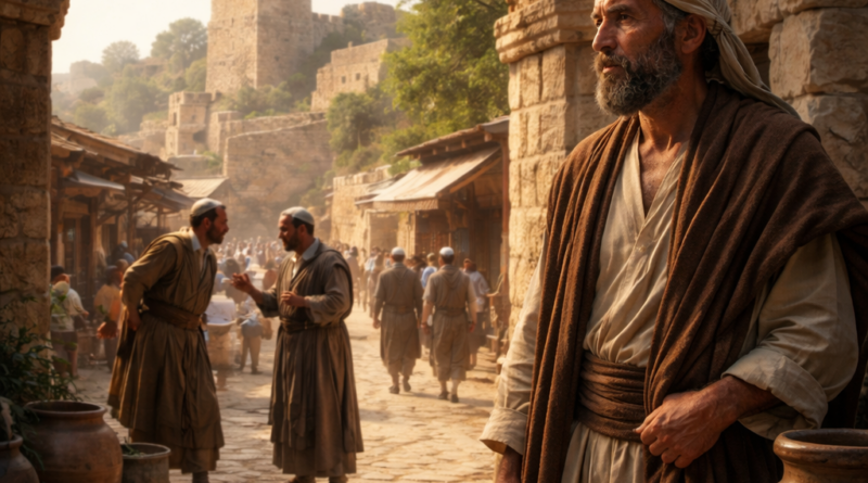 Biblical-era man choosing wisdom and restraint near a city gate, reflecting the message of Proverbs 18 about words, pride, and refuge in the Lord