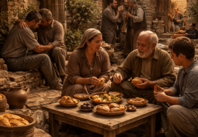 Biblical courtyard scene showing peace, faithful friendship, and guarded speech in Proverbs 17