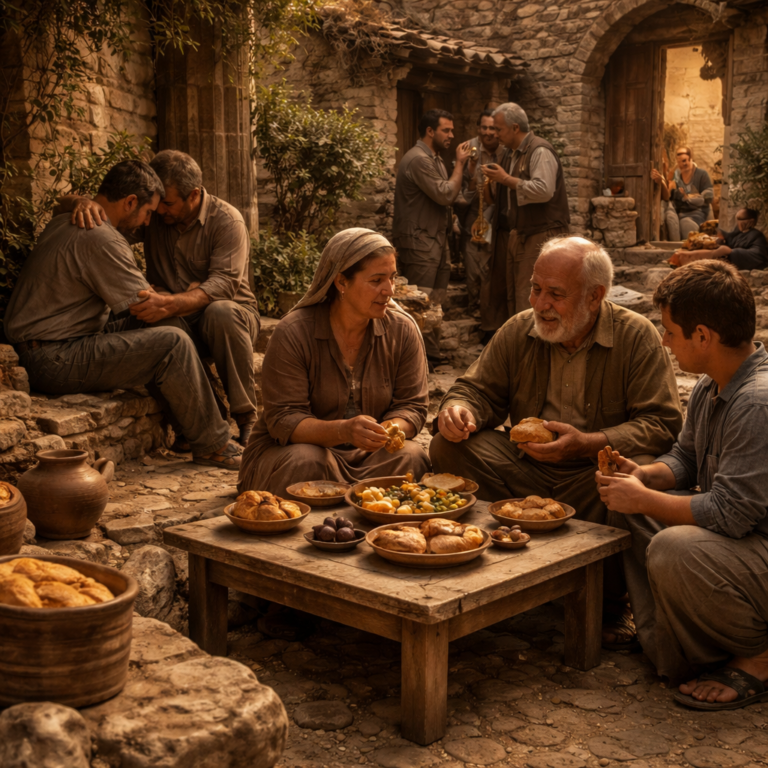 Biblical courtyard scene showing peace, faithful friendship, and guarded speech in Proverbs 17