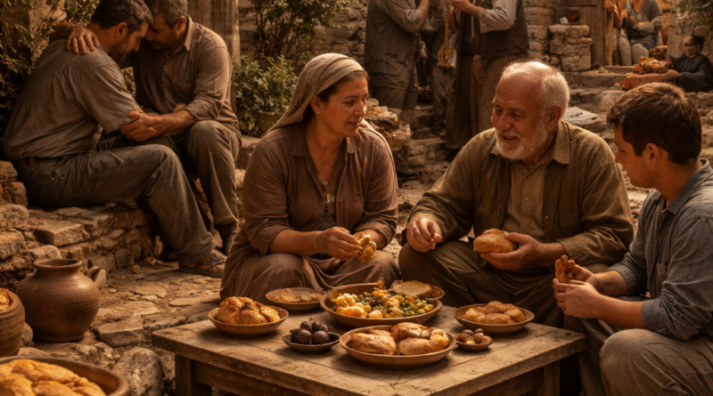 Biblical courtyard scene showing peace, faithful friendship, and guarded speech in Proverbs 17