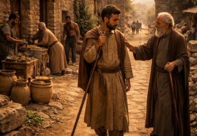 Biblical crossroads scene showing humility, wisdom, and God directing steps in Proverbs 16
