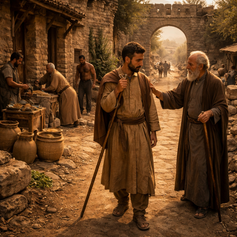 Biblical crossroads scene showing humility, wisdom, and God directing steps in Proverbs 16