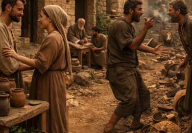 Biblical village scene of gentle speech, humility, and wisdom inspired by Proverbs 15