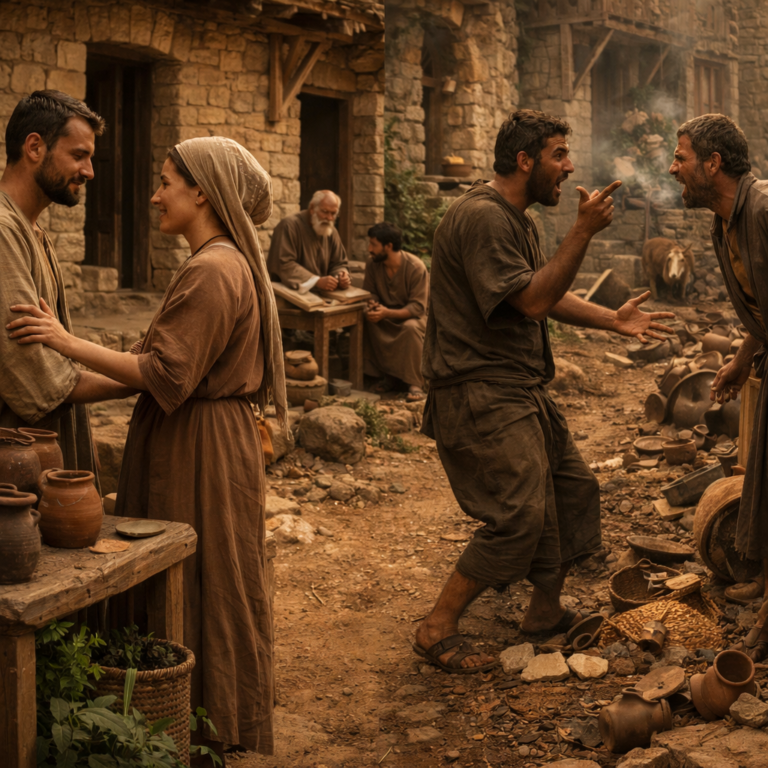 Biblical village scene of gentle speech, humility, and wisdom inspired by Proverbs 15